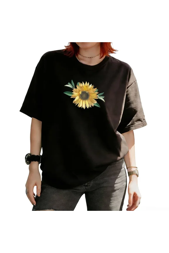 Women's Single Sunflower With Green Leaves Floral Botanical Graphic Short Sleeve T‑Shirt Cotton Tees Tops