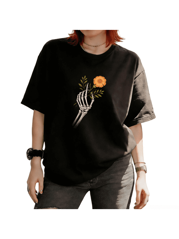 Women's Skeleton Hand Holding Marigold Flower Gothic Graphic Short Sleeve T-Shirt Casual Tees Tops
