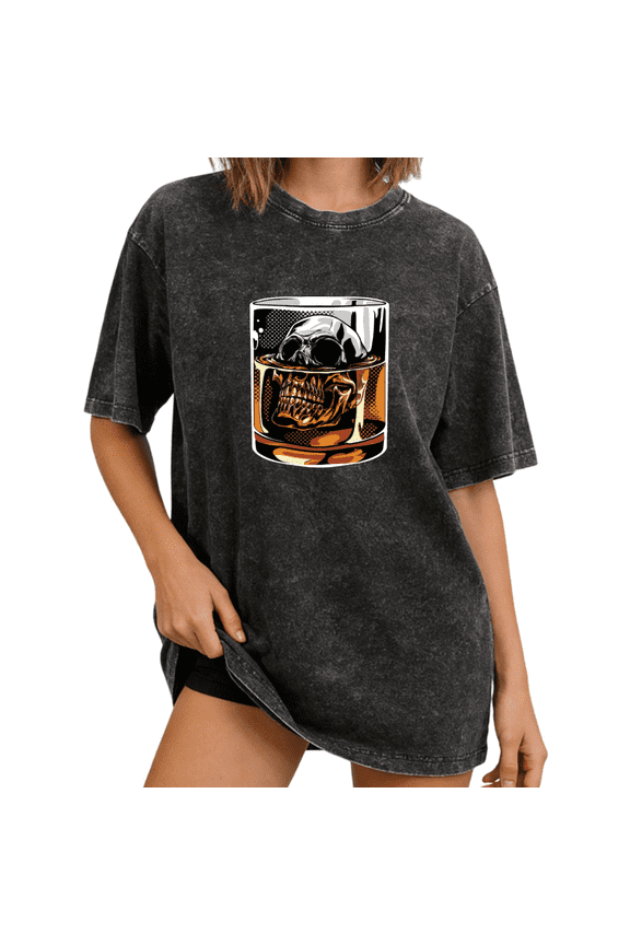 Women's Skull Whiskey Graphic Vintage Washed T-Shirt Short Sleeve Crewneck Distressed Relaxed Fit Rock Style Casual Tee S-2XL