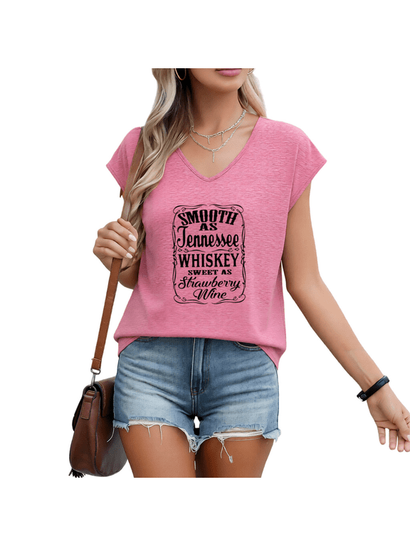 Women's Smooth As Tennessee Whiskey Sweet As Strawberry Wine Country Music Graphic V-Neck T-Shirt Tees Tops
