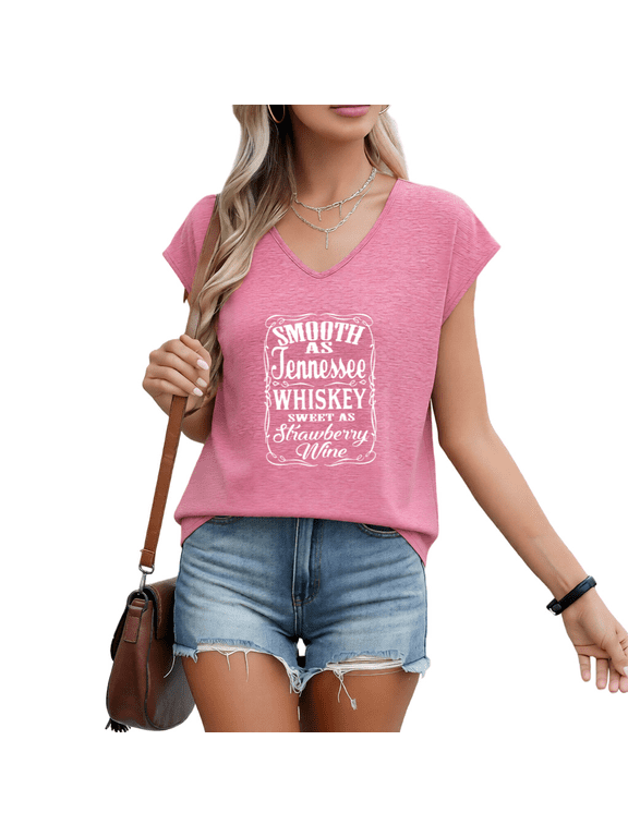 Women's Smooth As Tennessee Whiskey Sweet As Strawberry Wine Country Music Graphic V-Neck T-Shirt Tees Tops