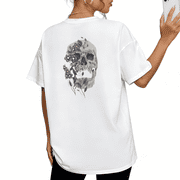 Cozymy Womens Soft Grunge Floral Skull Graphic Short Sleeve T-Shirt Edgy Neutral Aesthetic Cotton Crewneck Top