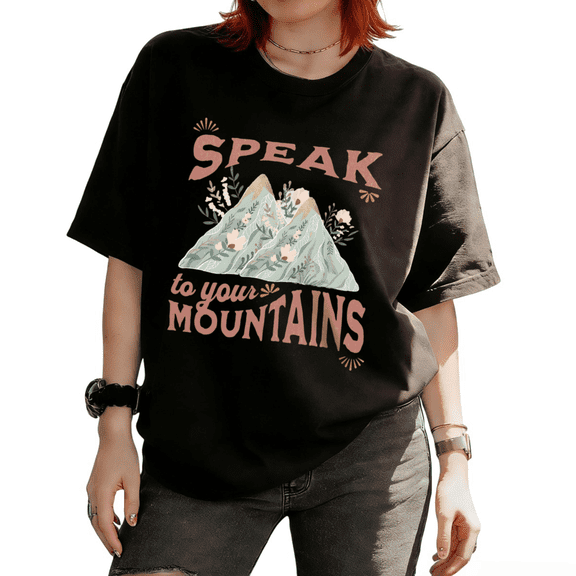 Cozymy Women's Speak To Your Mountains Boho Floral Mountain Christian Quote Graphic Short Sleeve T-Shirt Trendy Faith Tops