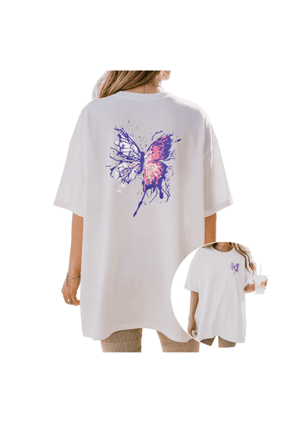 Women's Streetwear Butterfly Tee Vintage Splash Art Purple Pink Graphic Short Sleeve S-5XL