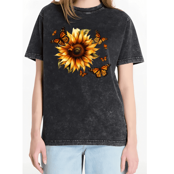 Cozymy Women's Sunflower Monarch Butterfly Nature Vintage Washed Crewneck Casual Short Sleeve T-Shirt