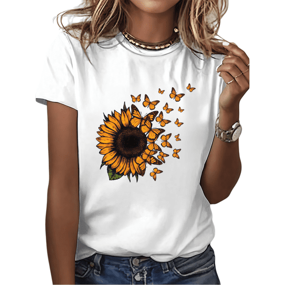 Cozymy Women's Sunflower with Monarch Butterflies Graphic Short Sleeve T-Shirt Casual Nature Floral Crewneck Cotton Tee