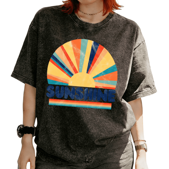 Cozymy Women's Sunshine Retro Rainbow Sunburst Summer Graphic Washed Short Sleeve T-Shirt Casual Relaxed Fit