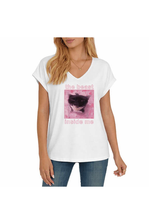 Women's The Beast Inside Me Black Cat Meme Graphic V-Neck Dolman Short Sleeve Edgy Funny Cat Lover Loose T-Shirt
