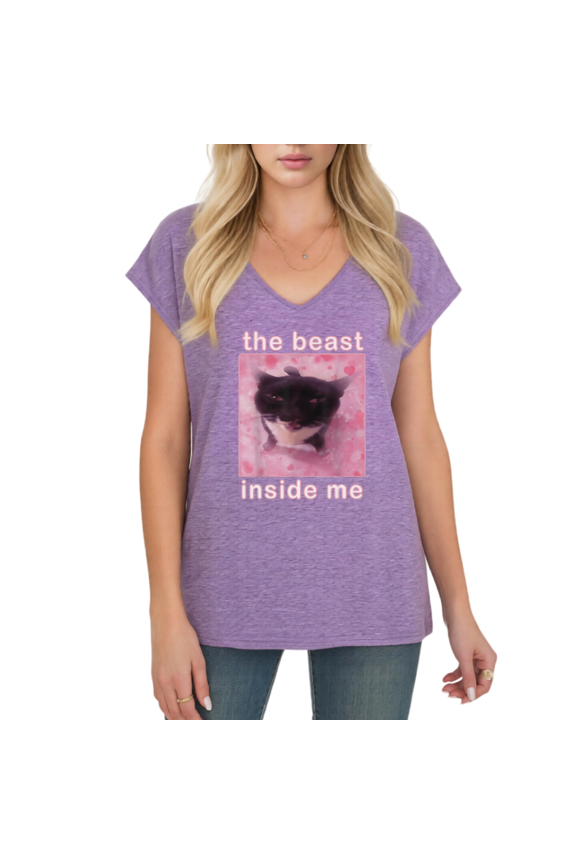Women's The Beast Inside Me Black Cat Meme Graphic V-Neck Dolman Short Sleeve Edgy Funny Cat Lover Loose T-Shirt
