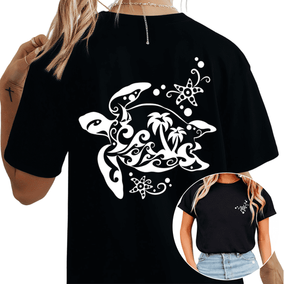 Cozymy Women's Tribal Sea Turtle Hawaiian Graphic Tops Short Sleeve T-Shirt Relaxed Fit Casual Tees