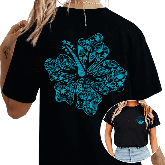 Cozymy Women's Turquoise Hawaiian Hibiscus Coastal Seashell Starfish Ocean Back Print Graphic Short Sleeve T Shirt