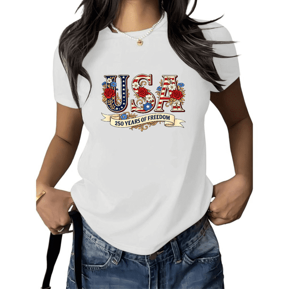 Cozymy Women's USA 250 Anniversary Graphic Short Sleeve T-Shirt Patriotic Floral Print Cotton Crewneck Casual Relaxed Fit Vintage Style Tops