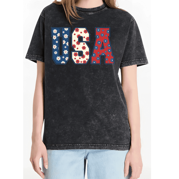 Cozymy Women's USA Floral Patriotic 4th of July Vintage Washed Distressed Short Sleeve Crewneck Cotton T-Shirt S-2XL