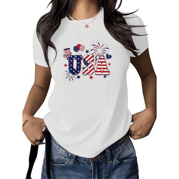 Cozymy Women's USA Graphic Short Sleeve T-Shirt 4th of July Fireworks Print Cotton Crewneck Casual Relaxed Fit Patriotic Tops
