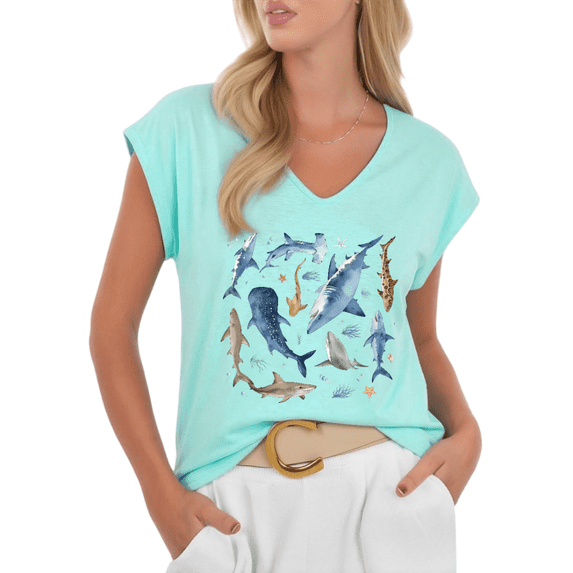 Cozymy Women's Underwater Shark Art Print V-Neck Sleeveless T-Shirt Breathable Summer Tank Top