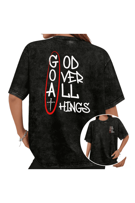 Women's Unique Lettering God Over All Things Cross Front Back Print Washed Short Sleeve T-Shirt Religious Christian Lover Tops