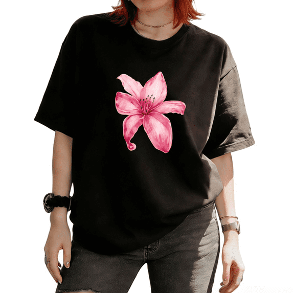 Cozymy Women's Vibrant Pink Lily Floral Graphic Short Sleeve T-Shirt softness and breathability Tees Tops