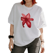 Cozymy Womens Vibrant Red Lily Floral Graphic Short Sleeve T-Shirt Flattering Fit Versatile Tees Tops