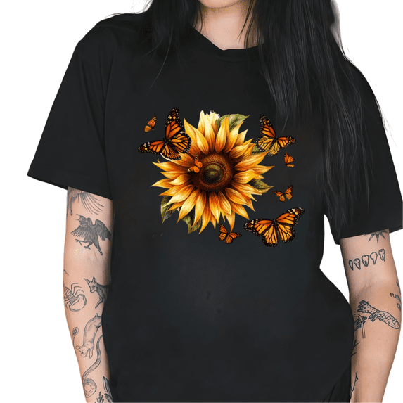 Cozymy Women's Vibrant Sunflower Monarch Butterfly Floral Boho Crewneck Casual Short Sleeve Nature Summer Trendy T-Shirt
