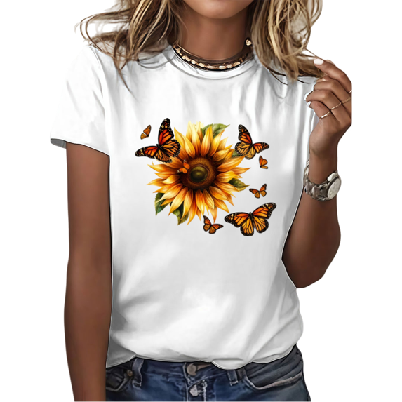 Cozymy Women's Vibrant Sunflower Monarch Butterfly Floral Boho Crewneck Casual Short Sleeve Nature Summer Trendy T-Shirt