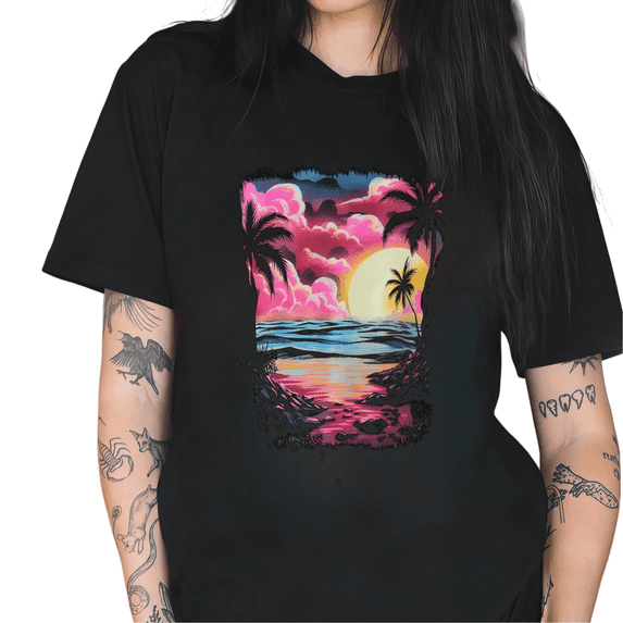 Cozymy Women's Vibrant Tropical Sunset Beach Graphic Short Sleeve T-Shirt Retro Palm Tree Cotton Crewneck Top