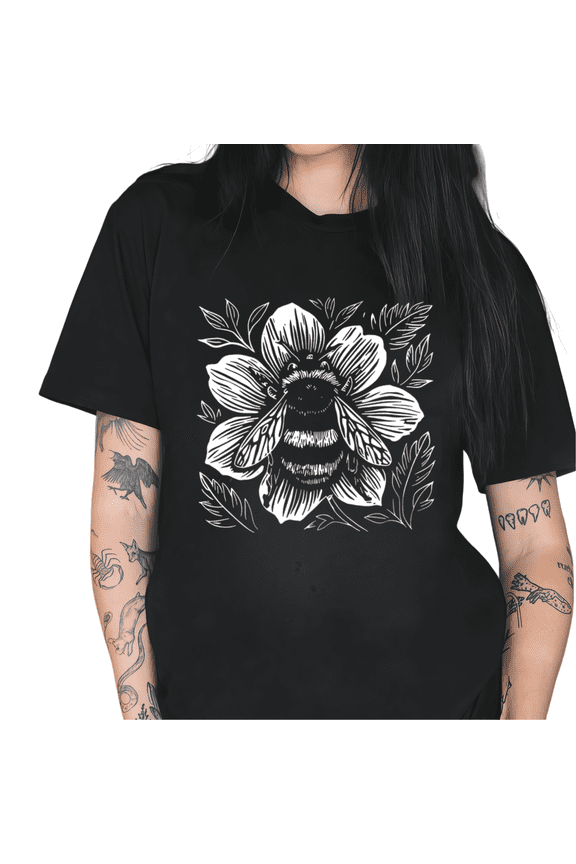 Women's Vintage Bee Flower Botanical Nature Graphic Short Sleeve Crewneck Casual Cotton T-Shirt S-5XL