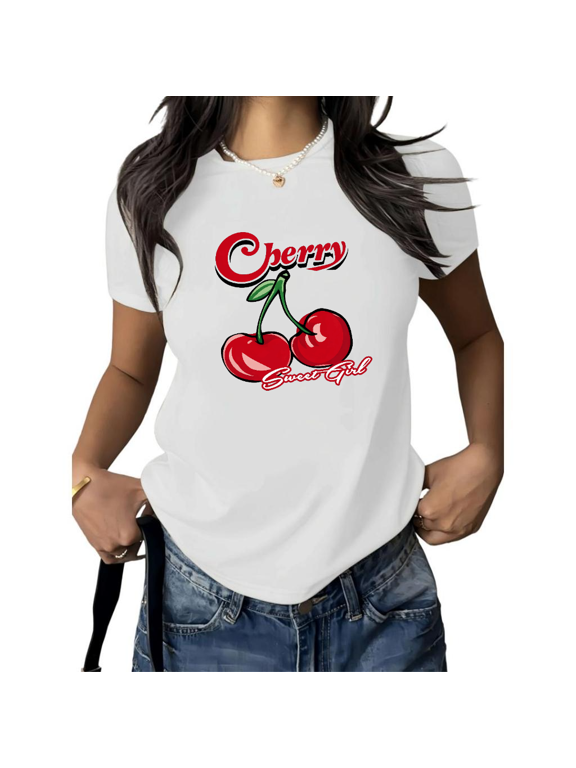 Women's Vintage Cherry Tee Sweet Girl Retro Fruit Graphic Short Sleeve Cotton Crewneck S-5XL