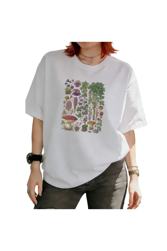 Women's Vintage Cottagecore Mushroom Wildflower Botanical Graphic Short Sleeve T‑Shirt Boho Nature Tees