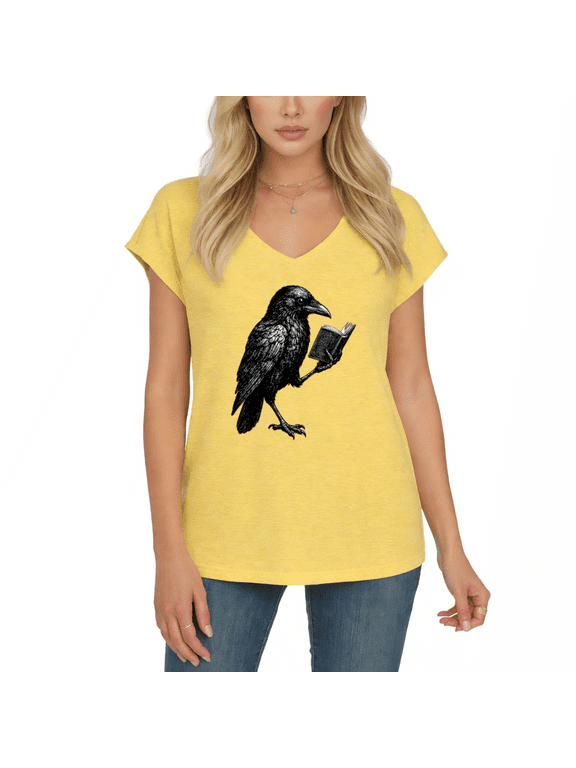 Women's Vintage Engraving Reading Crow Book Graphic Cap Sleeve V-Neck T-Shirt Soft Dark Academia Book Lover Top