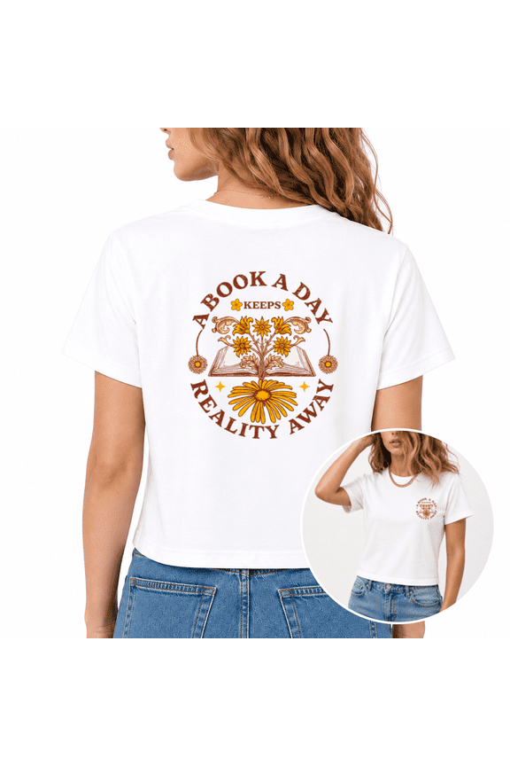Women's Vintage Floral Book A Book A Day Keeps Reality Away Graphic Cropped Short Sleeve T-Shirt Stylish Tops