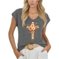 thumbnail image 1 of Cozymy Women's Vintage Floral Cross V-Neck Sleeveless Tee Soft Walk By Faith Christian Graphic T-Shirt, 1 of 6