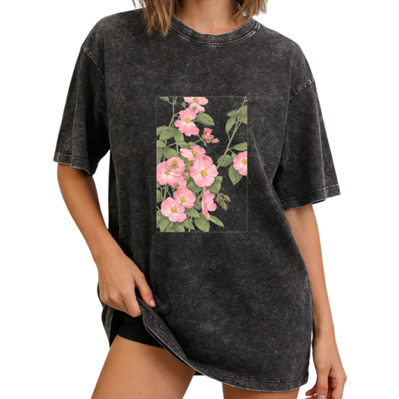 Cozymy Women's Vintage Frame Print Pink Wild Rose Vine Floral Graphic Vintage Washed T-Shirt Crew Neck Short Sleeve Drop Shoulder Oversized Relaxed Fit Distressed Cotton Casual Everyday Basic Tee