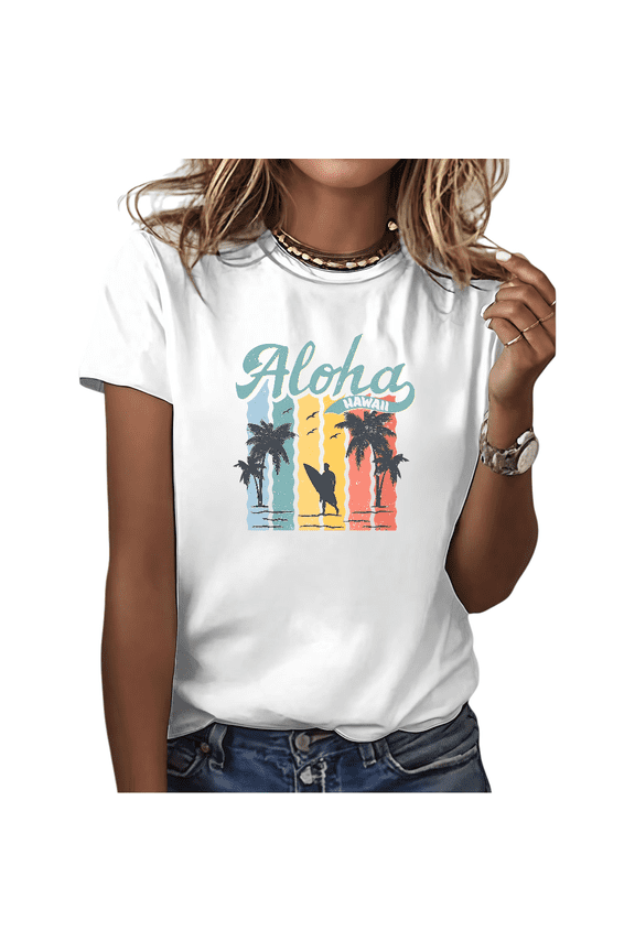 Women's Vintage Hawaii Aloha Surf Graphic Short Sleeve T-Shirt Relaxed Fit Cotton Casual Summer Tee