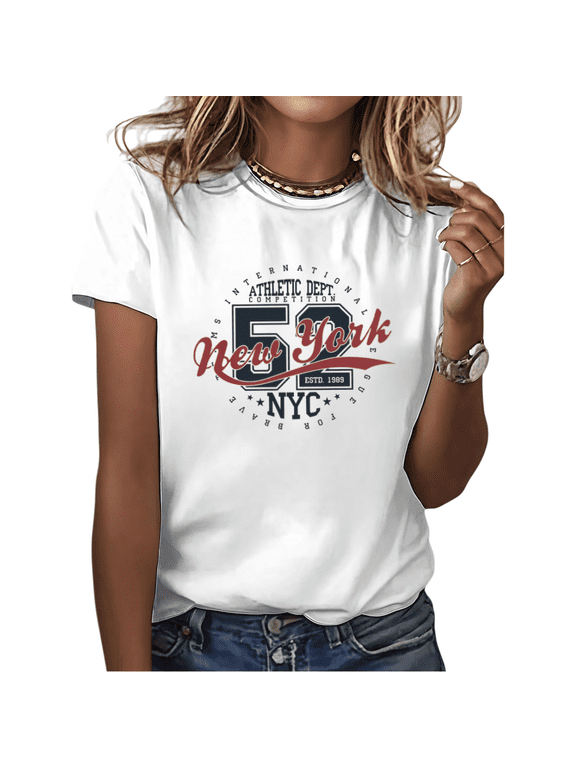Women's Vintage New York NYC Athletic 62 Graphic Short Sleeve T-Shirt Retro Sporty Cotton Crewneck Top