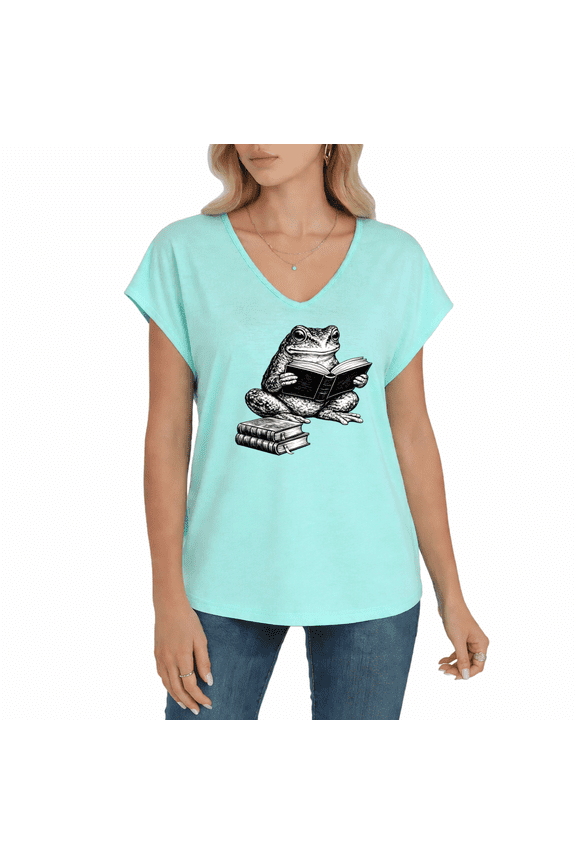 Women's Vintage Sketch Reading Frog Stacked Book Graphic Cap Sleeve V-Neck T-Shirt Soft Book Lover Casual Daily Top