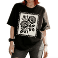 thumbnail image 1 of Cozymy Women's Vintage Stamp Frame Taupe White Rose Bloom Bud Leaf Botanical Floral Graphic Short Sleeve T-Shirt, 1 of 6