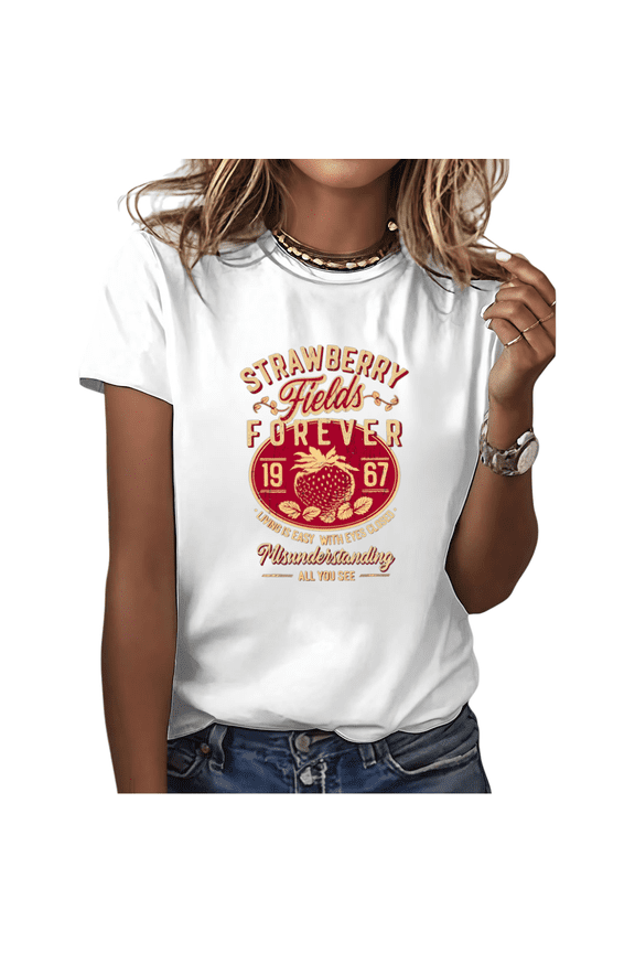 Women's Vintage "Strawberry Fields Forever" Lyric Graphic Short Sleeve T-Shirt Retro 1967 Music Fan Cotton Crewneck Top
