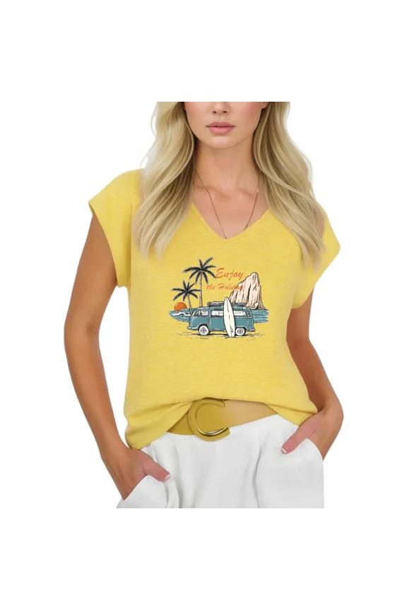 Women's Vintage Surf Van Holiday V-Neck Sleeveless T-Shirt Tropical Beach Graphic Casual Tank Top
