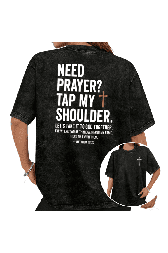 Women's Vintage Worn Block Font Dual Thin Outline Cross Christian Spiritual Quote Graphic Washed Short Sleeve T-Shirt