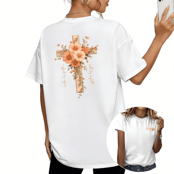 Cozymy Women's Walk by Faith Not by Sight Floral Cross Inspirational Christian Graphic Short Sleeve Crew Neck T-Shirt
