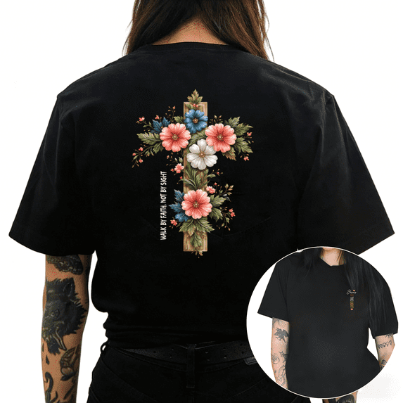 Cozymy Women's Walk by Faith Not by Sight Floral Cross Inspirational Christian Graphic Short Sleeve Crew Neck T-Shirt