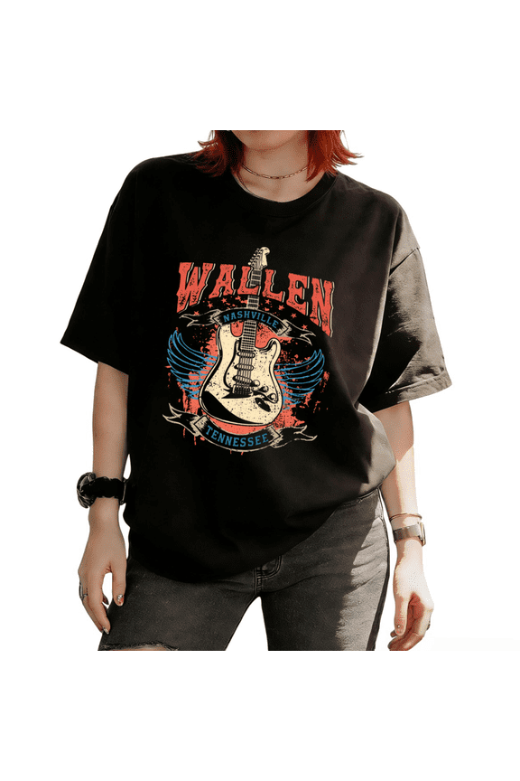 Women's Wallen Nashville Tennessee Country Music Guitar Graphic Short Sleeve T-Shirt Casual Relaxed Fit