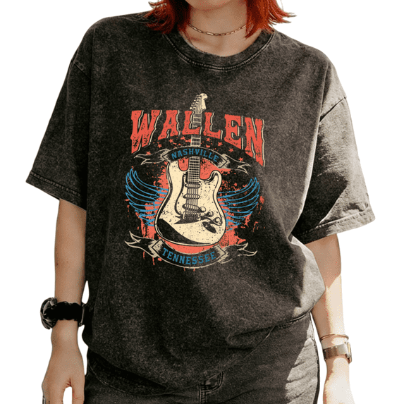 Cozymy Women's Wallen Nashville Tennessee Country Music Guitar Graphic Washed Short Sleeve T-Shirt Relaxed Fit