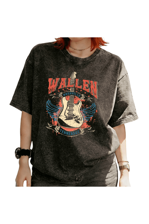 Women's Wallen Nashville Tennessee Country Music Guitar Graphic Washed Short Sleeve T-Shirt Relaxed Fit