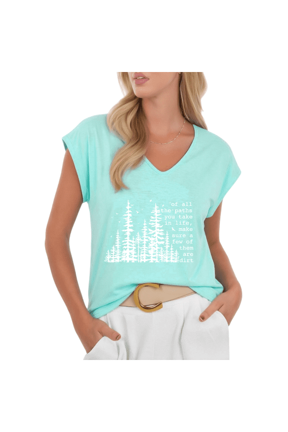 Women's Wanderlust Outdoor Quote Forest Print V-Neck Sleeveless T-Shirt Relaxed Fit Casual Tank Top for Camping Trips