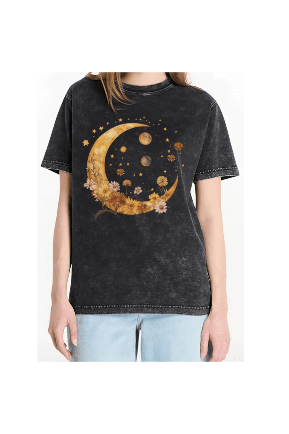 Women's Washed Black Celestial Moon and Wildflowers Graphic Short Sleeve T-Shirt Mystical Botanical Cotton Tee