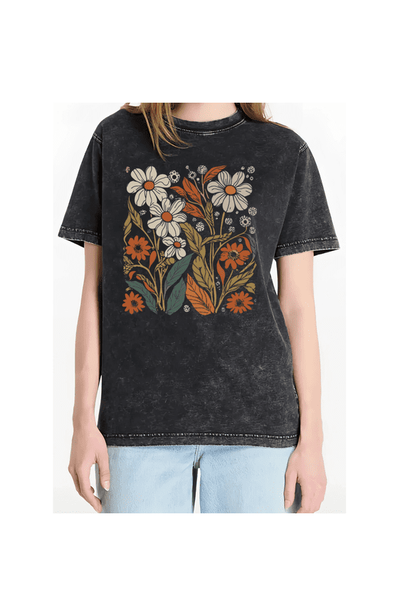 Women's Washed Black Retro Floral Daisy Botanical Graphic Short Sleeve T-Shirt Casual Vintage Crewneck Cotton Tee