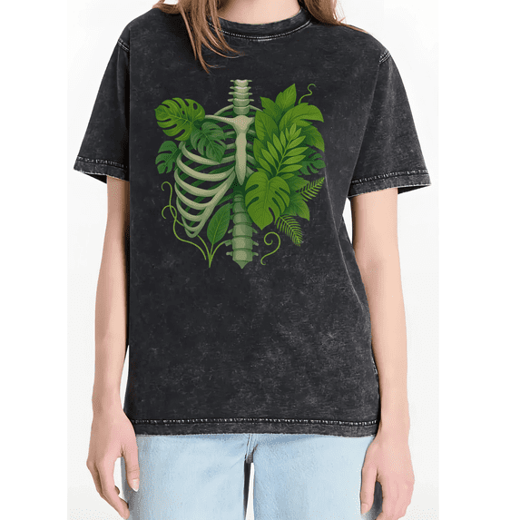 Cozymy Women's Washed Black Tropical Plant Rib Cage Graphic Short Sleeve T-Shirt Casual Botanical Gothic Crewneck Tee