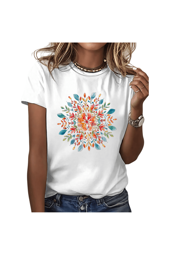 Women's Watercolor Autumn Leaf Mandala Floral Graphic Short Sleeve T-Shirt Soft Crewneck Botanical Casual Top