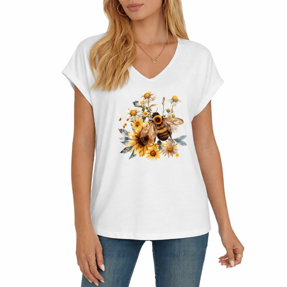Cozymy Women's Watercolor Bee Daisy Sunflower Graphic V-Neck Short ...